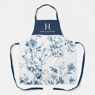 Blue Watercolor Wildflower Name Monogram Apron