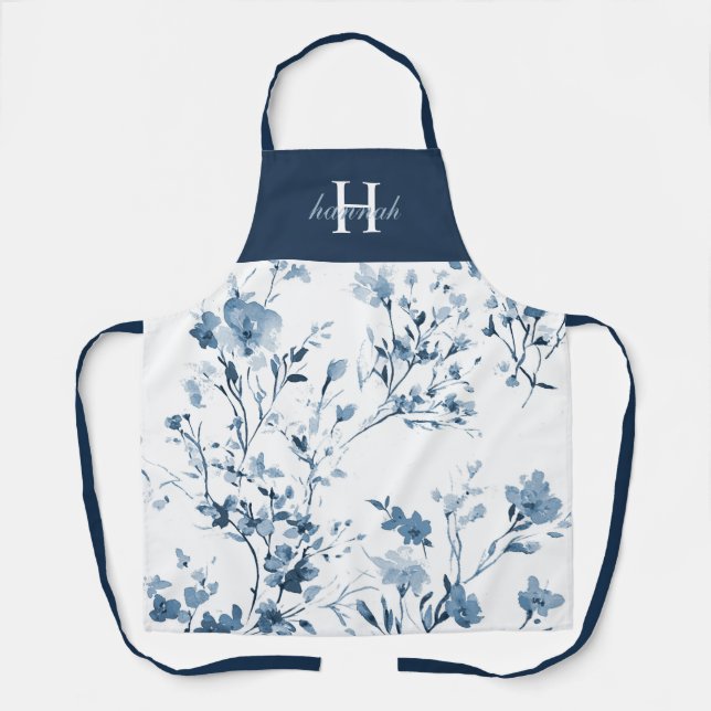 Blue Watercolor Wildflower Name Monogram Apron (Front)