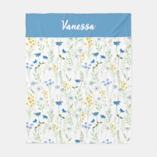 Blue Watercolor Wildflower Name Monogram  Fleece Blanket