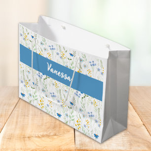 Blue Watercolor Wildflower Name Monogram Large Gift Bag