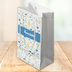 Blue Watercolor Wildflower Name Monogram Small Gift Bag