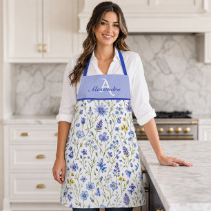 Blue Watercolor Wildflower Pattern Custom Name Apron