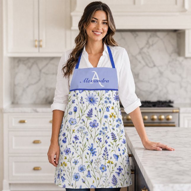 Blue Watercolor Wildflower Pattern Custom Name Apron (Creator Uploaded)