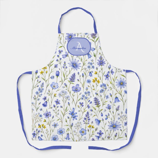 Blue Watercolor Wildflower Pattern Custom Name Apron (Front)