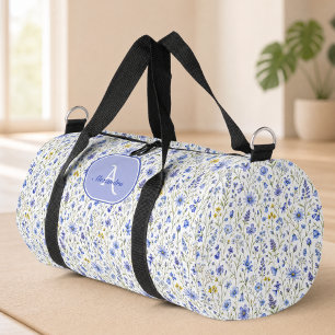 Blue Watercolor Wildflower Pattern Custom Name Duffle Bag
