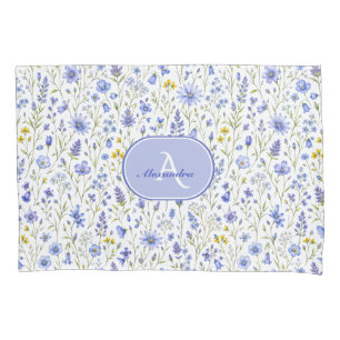Blue Watercolor Wildflower Pattern Custom Name Pillowcase