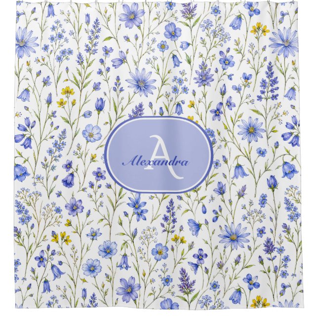 Blue Watercolor Wildflower Pattern Custom Name Shower Curtain (Front)