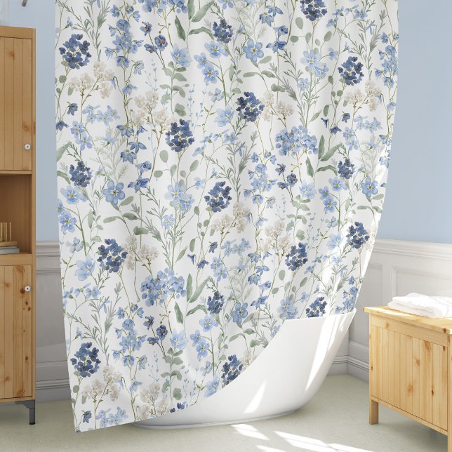Blue Watercolor Wildflower Pattern Shower Curtain (Creator Uploaded)