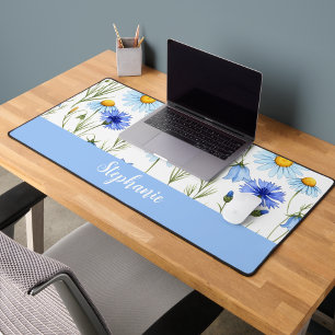 Blue Watercolor Wildflower Personalized Desk Mat