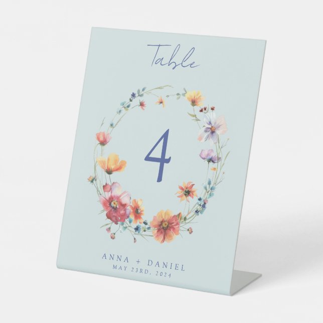 Blue Watercolor Wildflower Wedding Table Number Pedestal Sign (Front)
