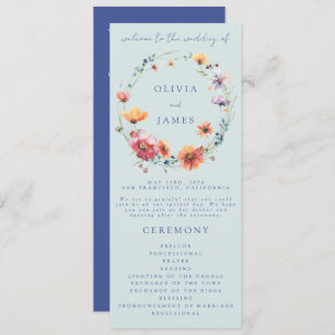 Blue Watercolor Wildflower Wreath Wedding Program
