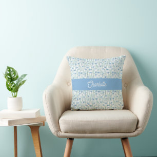 Blue watercolor wildflowers custom name cushion