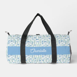 Blue watercolor wildflowers custom name duffle bag
