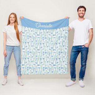 Blue watercolor wildflowers custom name fleece blanket