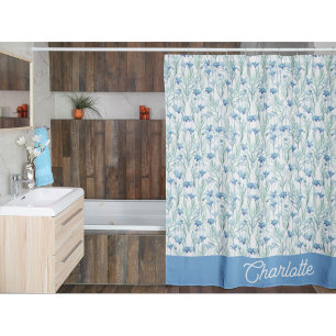 Blue watercolor wildflowers custom name shower curtain