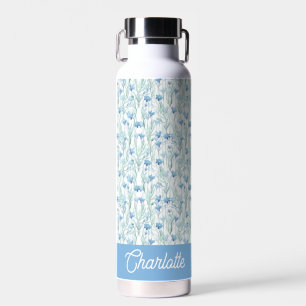 Blue watercolor wildflowers custom name water bottle