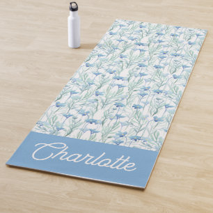 Blue watercolor wildflowers custom name yoga mat