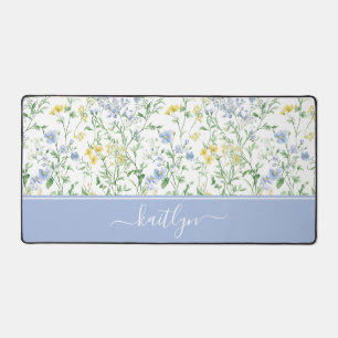 Blue Watercolor Wildflowers Desk Mat