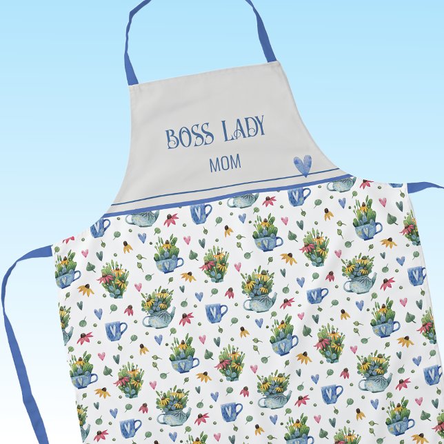 Blue Watercolor Wildflowers Tea Party Pattern Apron (Creator Uploaded)