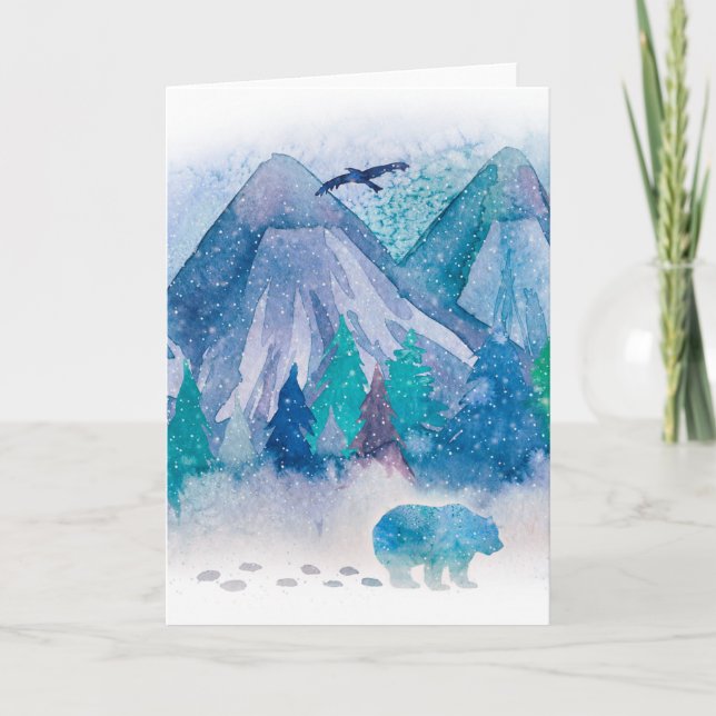 Blue Watercolor Winter Mountain Landscape Art Card (Front)