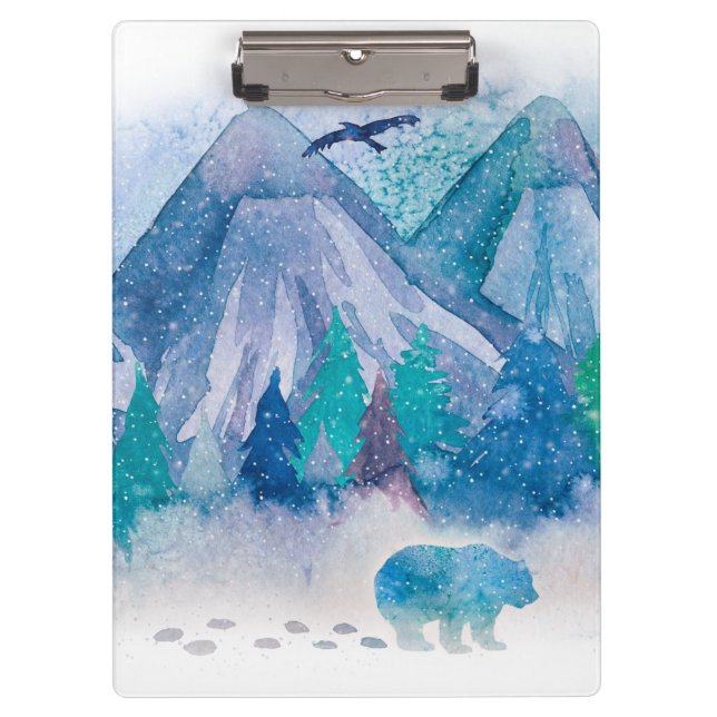 Blue Watercolor Winter Mountain Landscape Art Clipboard (Front)