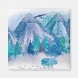 Blue Watercolor Winter Mountain Landscape Art Magnet