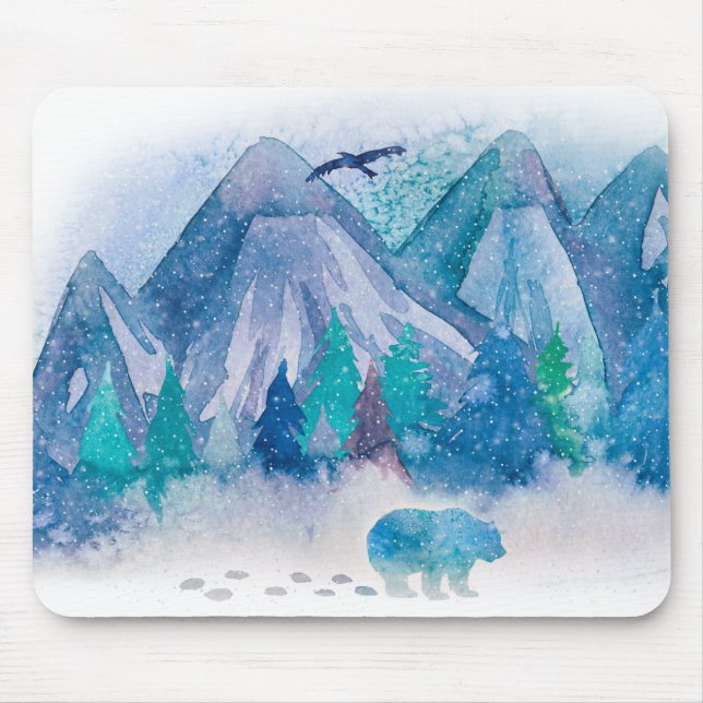 Blue Watercolor Winter Mountain Landscape Art Mouse Pad (Front)