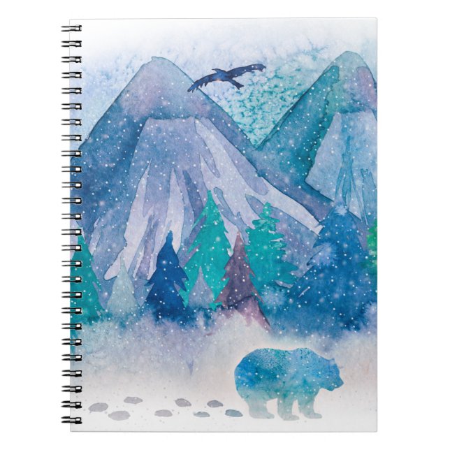 Blue Watercolor Winter Mountain Landscape Art Notebook (Front)