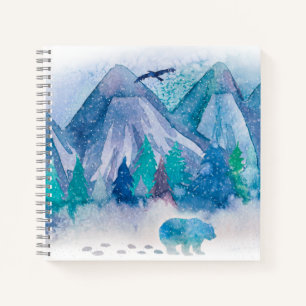 Blue Watercolor Winter Mountain Landscape Art Notebook