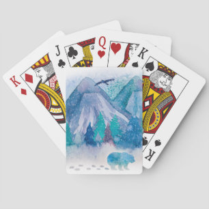 Blue Watercolor Winter Mountain Landscape Art Playing Cards