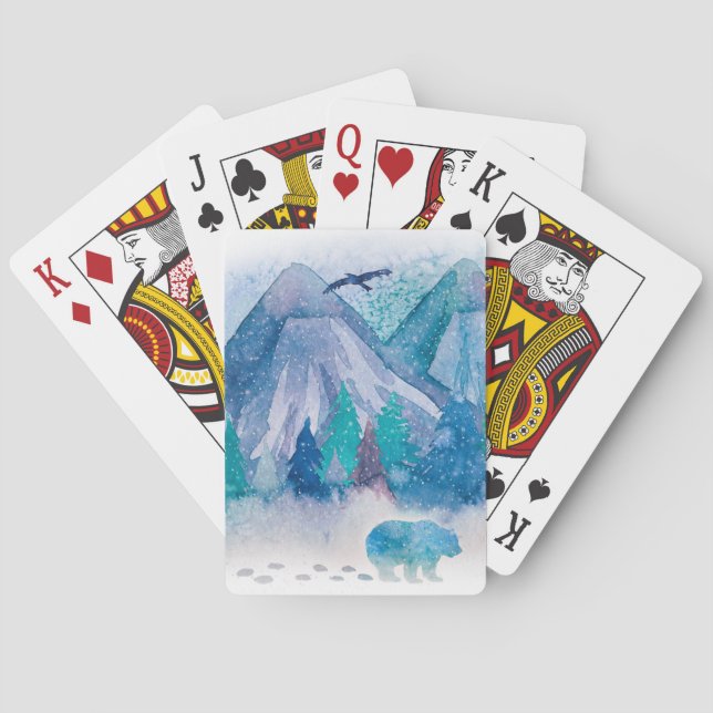 Blue Watercolor Winter Mountain Landscape Art Playing Cards (Back)