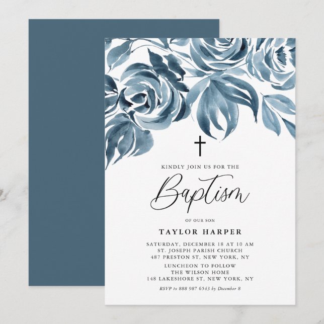 Blue Watercolor Winter Roses Bouquet Baptism Invitation (Front/Back)