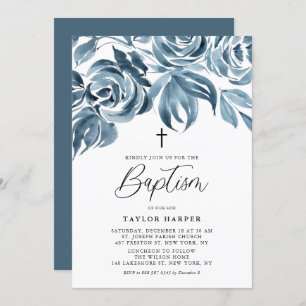 Blue Watercolor Winter Roses Bouquet Baptism Invitation