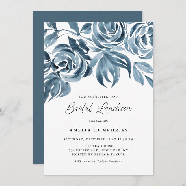 Blue Watercolor Winter Roses Bridal Luncheon Invitation (Front/Back)