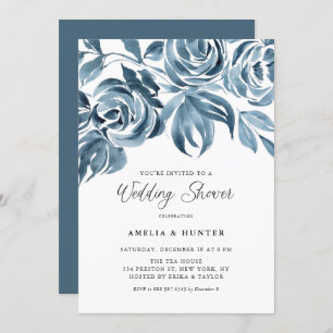 Blue Watercolor Winter Roses Wedding Shower Invitation