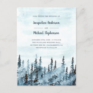 Blue Watercolor Winter Woodland Forest Wedding Invitation Postcard