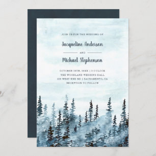 Blue Watercolor Winter Woodland Rustic Wedding Invitation