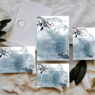  Blue Watercolor Winterberries Wedding Invitation