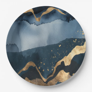 Blue watercolor with gold flecks paper plate