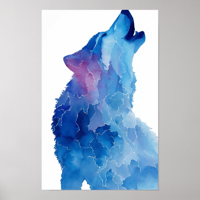 Blue watercolor wolf howling poster (Front)