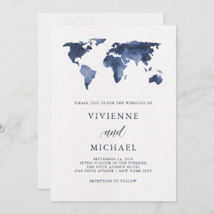 Blue Watercolor World Map on White Wedding Invitation