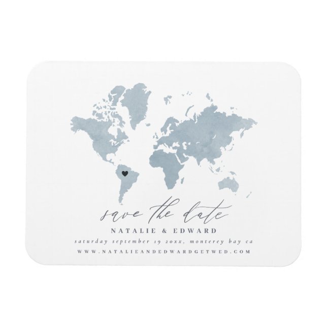 Blue watercolor world map wedding announcement magnet (Horizontal)