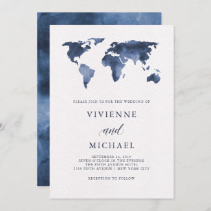 Blue Watercolor World Map Wedding Invitation