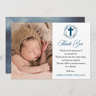 Blue Watercolor Wreath Boy Photo Baptism Thank You