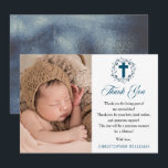 Blue Watercolor Wreath Boy Photo Baptism Thank You Card<br><div class="desc">Blue monochromatic watercolor leaves wreath in blue the top of this photo design with accompanying blue elaborate cross and the words "Thank You". Text is in simple black and dark dusky blue. Simply add your child's photo, name and Baptismal thank you details. Back features a blue textured look gradient background....</div>