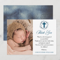 Blue Watercolor Wreath Boy Photo Baptism Thank You