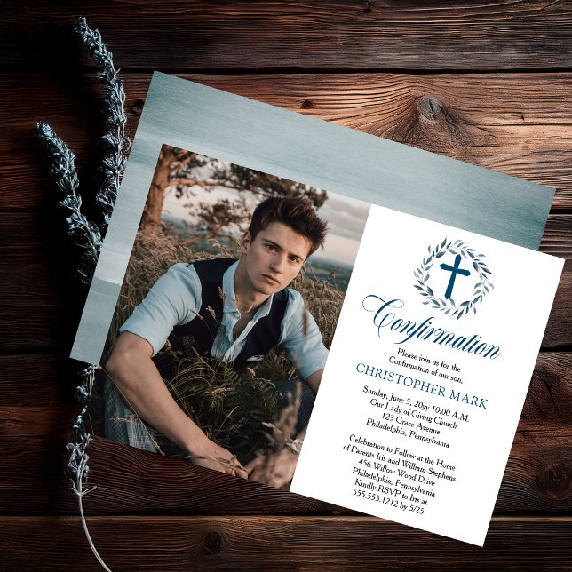 Blue Watercolor Wreath Boy Photo Confirmation Invitation (Blue Watercolor Wreath Boy Photo Confirmation Invitation - Print | Digital Download)