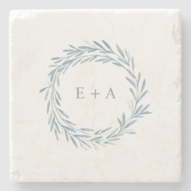Blue Watercolor Wreath Monogram Wedding Favour Stone Coaster (Front)