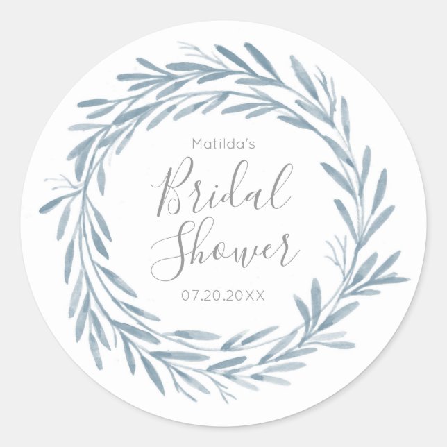 Blue Watercolor Wreath Script Bridal Shower Classic Round Sticker (Front)