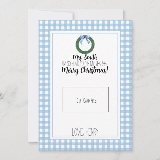 Blue Watercolor Wreath Teacher Christmas Gift Card (Front)